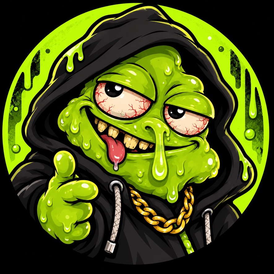 Hood Booger, a green slime creature wearing a black hoodie and gold chain